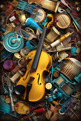 Poster -  A collage artwork combining musical notes, sheet music, and instrument illustrations, creating a visually stimulating composition  Generative AI technology.