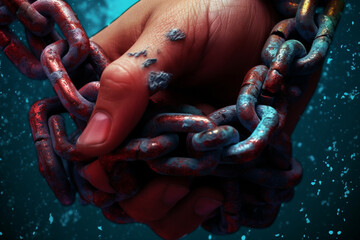 Fototapete -  A digital illustration of a human hand gripping chains, with cracks forming on the chains,  Generative AI technology.