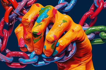 Aufkleber -  An abstract painting featuring a distorted image of a human hand trapped in chains, using bold colors and unconventional forms Generative AI technology.