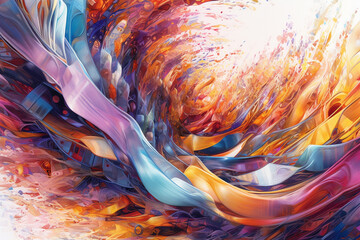 Poster -  An abstract painting featuring vibrant brushstrokes and flowing lines resembling a DNA molecule,  Generative AI technology.