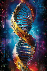 Poster -  A composite image combining a DNA helix and a circuit board, merging biology and technology to symbolize Generative AI technology.