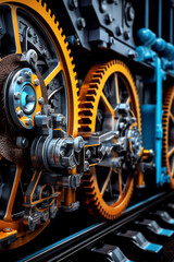 Aufkleber -  A close-up photograph of the intricate details of a train wheel and railway tracks, highlighting the mechanical precision and craftsmanship.  Generative AI technology.