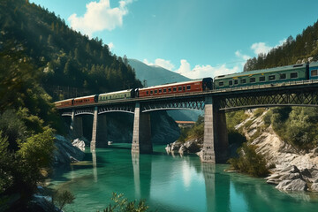 Aufkleber -  A panoramic shot of a train crossing a picturesque bridge, surrounded by stunning natural scenery, such as mountains or water bodies.  Generative AI technology.