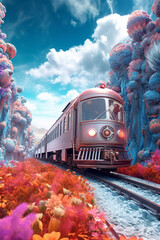 Aufkleber -  An artistic illustration of a train traveling through a surreal and imaginative landscape, blurring the boundaries between reality and fantasy.  Generative AI technology.