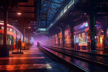 Aufkleber -  A night-time photograph of a train station illuminated by colorful lights, creating a vibrant and lively atmosphere.  Generative AI technology.