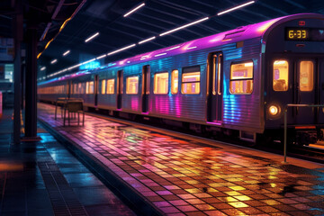 Aufkleber -  A night-time photograph of a train station illuminated by colorful lights, creating a vibrant and lively atmosphere.  Generative AI technology.