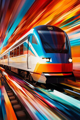 Aufkleber -  An abstract representation of a train in motion, using geometric shapes and vibrant colors to convey its energy and speed.  Generative AI technology.