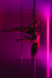 The girl dancer in a beautiful pose hangs on a pole and bends gracefully. Sports dancing on a pole vertical photo.