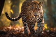 A magnificent jaguar in its natural habitat, showcasing its sleek and powerful physique as it prowls through the lush jungle with an intense gaze. Generative Ai, Ai.