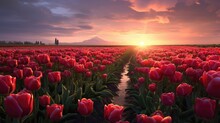 Sunset Over The Blooming Tulip Field. Generative AI