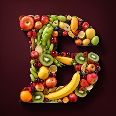 letter, alphabet, fruit, food, apple, orange, fresh, isolated, healthy, grape, banana, fruits, grapes, pineapple, diet, green, kiwi, white, ripe, red, pear, strawberry, vegetable, generative ai