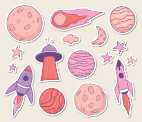 Colorful Hand drawn Space elements stickers collection