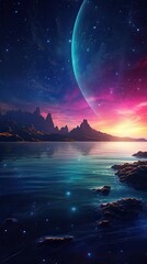 Wall Mural - Night landscape with colorful Milky Way at sea. Starry sky with the sea at night scence Beautiful Universe. Space background. Generative Ai.