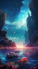 Wall Mural - Night landscape with colorful Milky Way at sea. Starry sky with the sea at night scence Beautiful Universe. Space background. Generative Ai.