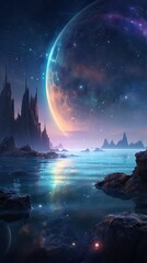Wall Mural - Night landscape with colorful Milky Way at sea. Starry sky with the sea at night scence Beautiful Universe. Space background. Generative Ai.