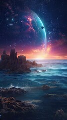 Wall Mural - Night landscape with colorful Milky Way at sea. Starry sky with the sea at night scence Beautiful Universe. Space background. Generative Ai.