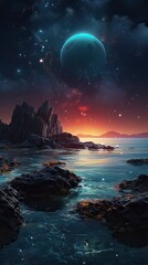 Wall Mural - Night landscape with colorful Milky Way at sea. Starry sky with the sea at night scence Beautiful Universe. Space background. Generative Ai.