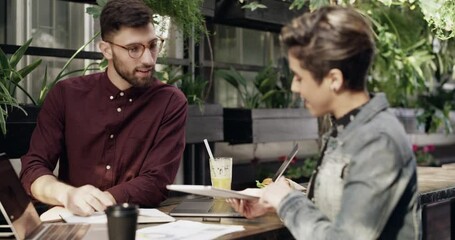 Aufkleber - Talking, meeting and business people with a tablet at a restaurant for planning and advice. Teamwork, communication and a man and woman speaking about a plan or goal on technology at a coffee shop