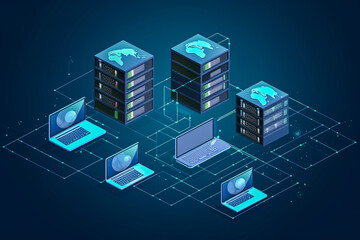 Poster - Isometric data center concept. Server room, hosting, cloud computing, data center, datacenter, internet of things concept. Generative AI
