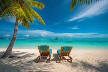 beautiful tropical beach with white sand and two sunbeds framed with palms. Bright crystal clear see. tropical vacation. High quality photo Generative AI