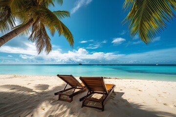 beautiful tropical beach with white sand and two sunbeds framed with palms. Bright crystal clear see. tropical vacation. High quality photo Generative AI