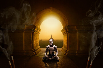 Wall Mural - robot meditating in the buddhist temple ai generative