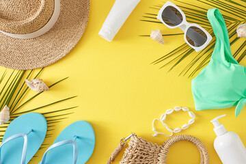 Sticker - Concept of a tropical beach vacation. Top view flat lay of teal swimsuit, sunhat, handbag, sunglasses, flip-flops, sunscreen, palm leaves and seashells on yellow background with empty area for text