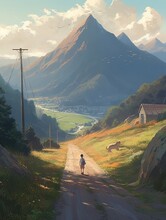 Illustration Of Young Woman, Female Model Walking Away On An Empty Road. Walking Towards The Mountains. Generative Ai.