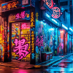 Japanese Graffiti on street wall, neon light, street art by night, Generative AI