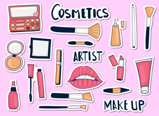 Wall Mural - Colorful Hand drawn Make up Tools Sticker Collection