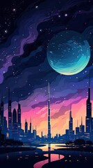 Wall Mural - illustration of Night Dubai skyline. illustration of Dubai city in United Arab Emirates and its landmarks. Famous buildings included such as Burj Khalifa, Burj Al Arab, Dubai Atlantis, Generative Ai.