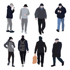 A man walks down the street in spring clothes. 2D image for use as an entourage. Vector flat city infographics.