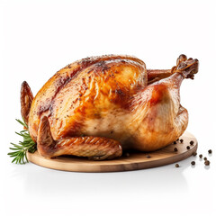 Whole chicken roasted on wood plate isolated image on white background