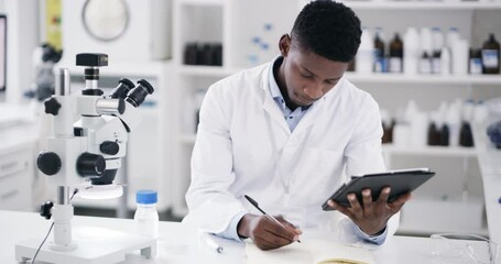 Poster - Black man, scientist and tablet for notes in laboratory, medical research and studying. Technology, science and African male doctor with notebook for writing information, analysis or results in lab.