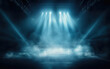 Leinwandbild Motiv Illuminated stage with scenic lights and smoke. Blue vector spotlight with smoke volume light effect on black background. Stadium cloudiness projector, Generative AI