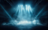Fototapeta Sport - Illuminated stage with scenic lights and smoke. Blue vector spotlight with smoke volume light effect on black background. Stadium cloudiness projector, Generative AI