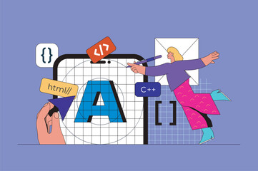 Aufkleber - App development web concept with character scene. Woman developer programming, coding and creating software and ui layout. People situation in flat design. Vector illustration for marketing material.
