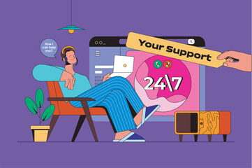 Poster - Online support web concept with character scene. Operator answering calls and messages, helping and finding solutions. People situation in flat design. Vector illustration for marketing material.