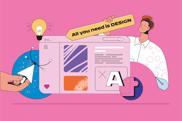 Aufkleber - Web design concept with character scene. Designer finding creative solutions for sites layout and application interfaces. People situation in flat design. Vector illustration for marketing material.