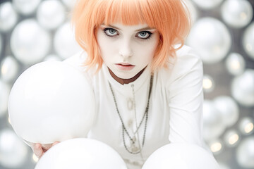 cyborg doll living in a bubble young woman or doll in futuristic style in a field of white spheres m