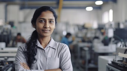 A smiling Indian female electronic factory worker standing in factory. Generative AI AIG19.