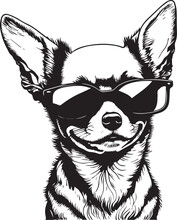 Portrait Of Chihuahua Puppy With Glasses, Thug Life. Vector Art Illustration. T-shirt Design. Print Friendly, With No Background Only Black. Easy To Change Color With Separate Named Paths And Layers