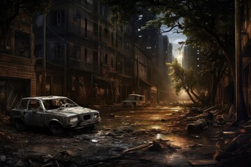 Poster - AI Generated Hyperrealism dark abandoned city dirt trash everywhere background