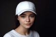 © Kassiopeia  - Beautiful young woman with white blank cap. Baseball cap mockup, template. Copy space for text, logo, graphic, print. Basecap mock up. Close up view. Generative AI.