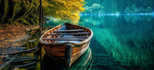 Wooden Boat Parked Next To A Old Wooden Dock At Evening With Mountains On Background. Reflection Of The Forest In The Green Water. Beautiful Sunny Day. Digital Ai