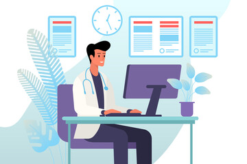 Poster - professional doctor giving medical advice and prescriptions online, online doctor concept. flat vect