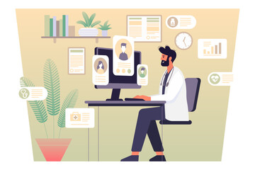 Poster - professional doctor giving medical advice and prescriptions online, online doctor concept. flat vect