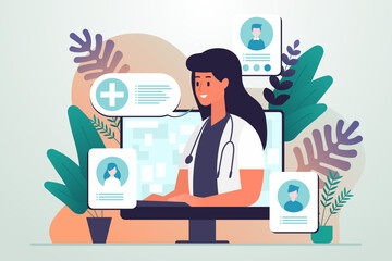 Poster - professional doctor giving medical advice and prescriptions online, online doctor concept. flat vect