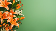 Orange Tiger Lilies On Citrus Green Background Top View In Flat Lay Style. Copyspace For Travel Or Summer Sale Banner