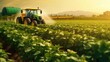 A spring generation soybean field being sprayed with pesticides by tractor. (Generative AI)